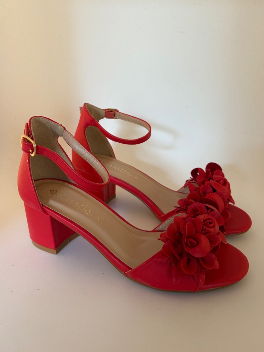 Patrizia Tomika 2" Block Heel Open Toe Sandal in Red with Flower Appliqué (New)